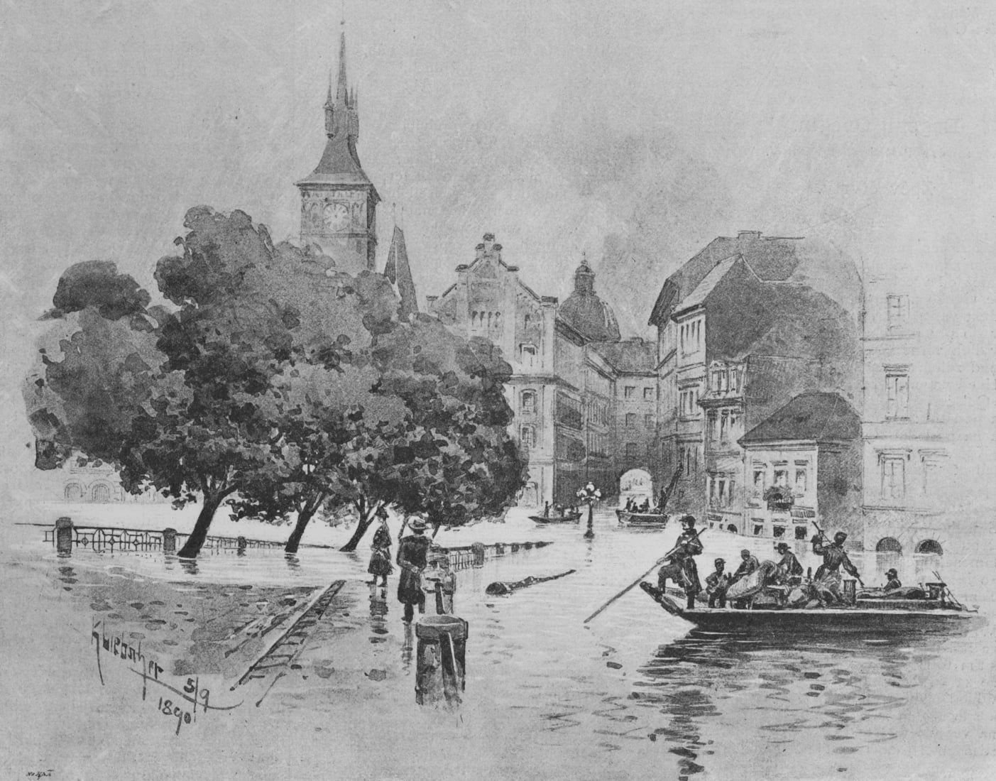 Karel Liebscher: Povodeň 1890 u Novotného lávky